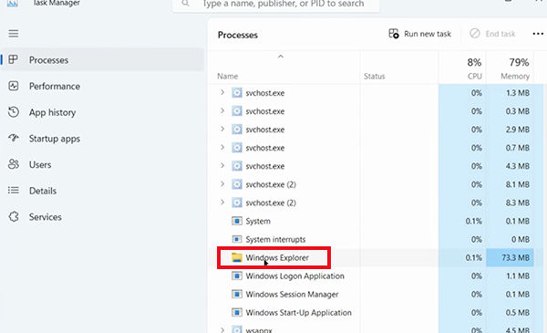 Find Windows Explorer in Task Manager