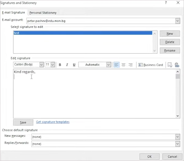 Make your changes in the Edit signature box