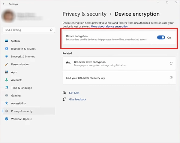 Privacy & security > Device encryption