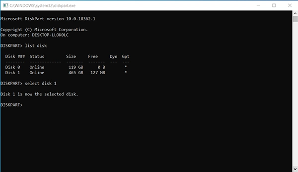 Run “select disk 1”