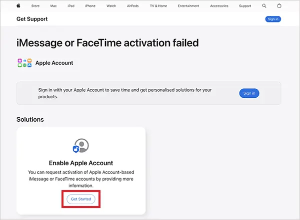 Select Get Started under Enable Apple Account