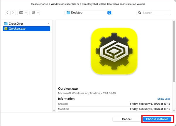 Select the EXE file > Choose installer