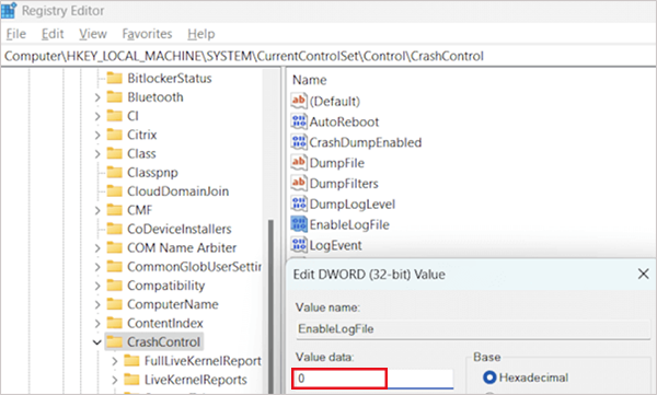 Set EnableLogFile value to 0