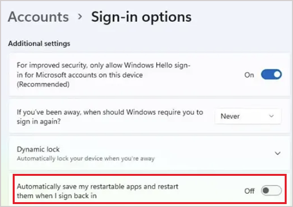 Turn off the Automatically save my restartable apps option