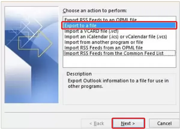 Choose Export to a file and click Next.