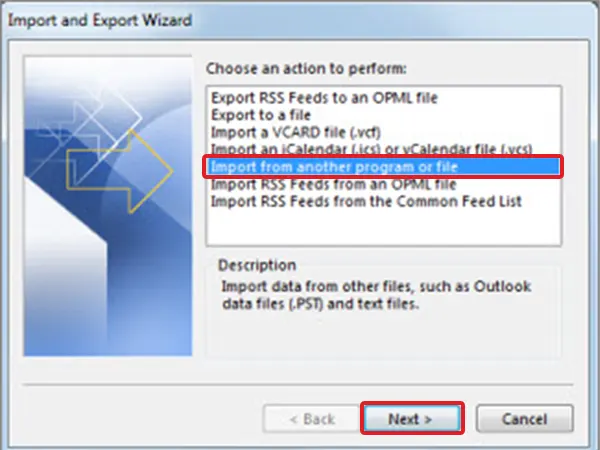 Choose Import from another program or file and click Next.