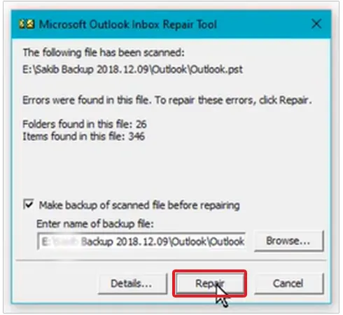 Click Repair, and clicks on the box to create a backup before repair