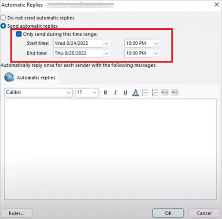 Click in the box to Only Send During This Time Range and then set up the start time and end time of these Automatic Replies
