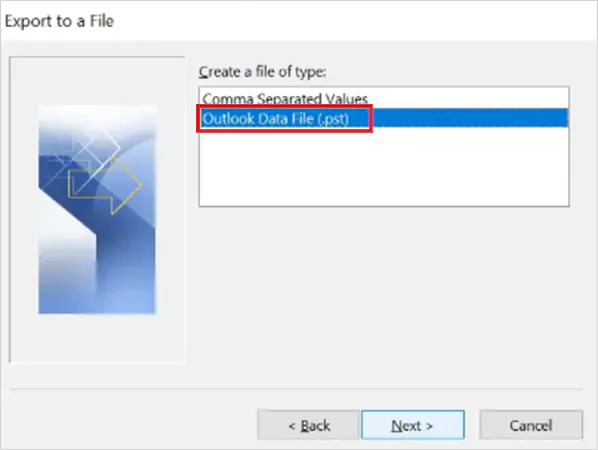 Click on Outlook Data File dot pst