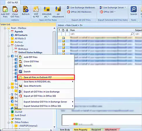 Click on Save all files in Outlook PST