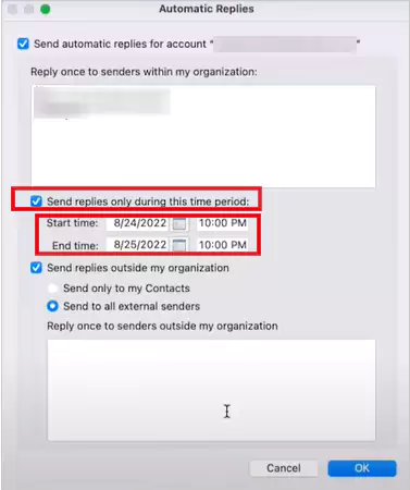 Enable Send Replies Only During This Time Period and schedule the time frame