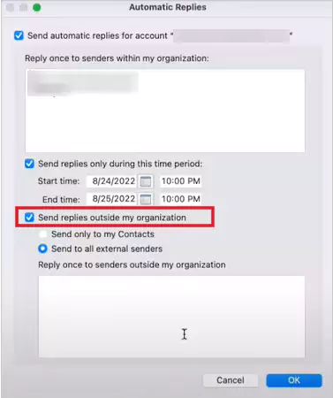 Ensure that the box against Send Replies Outside My Organization is selected