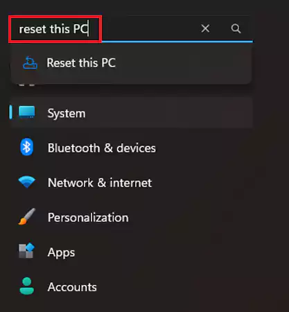 Go to settings and in the search bar type Reset this PC