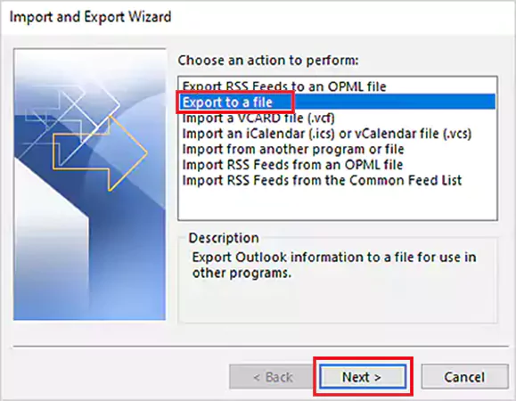Import and Export Wizard in Outlook