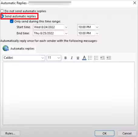 In this pop up select the circle against Send Automatic Replies