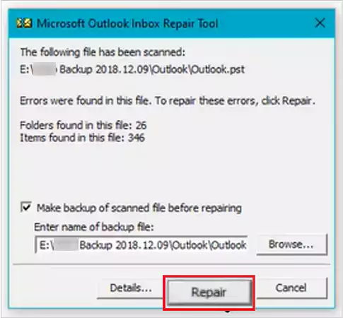 Now click on Repair Ensure to select the box to create a backup before repair