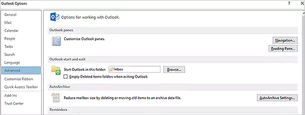 Outlook Advanced Option Menu