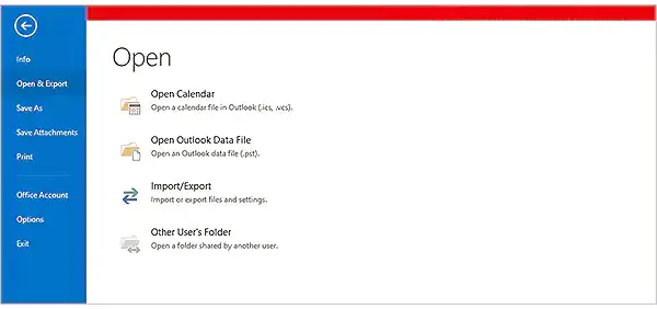 Outlook Open Export Menus