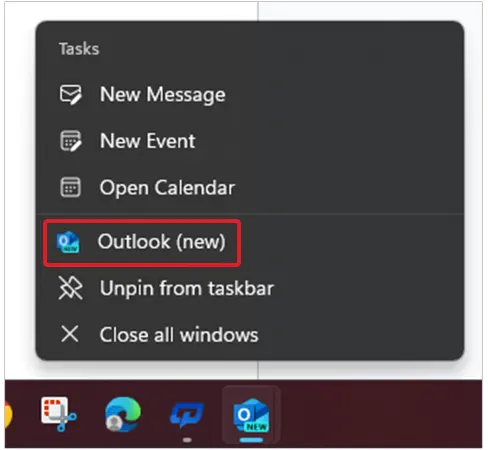 Right-click on Outlook Icon, in the Task Bar, and select Outlook (new).