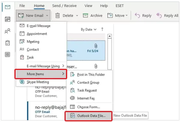 Select More Items  Outlook Data File to create a new PST file.