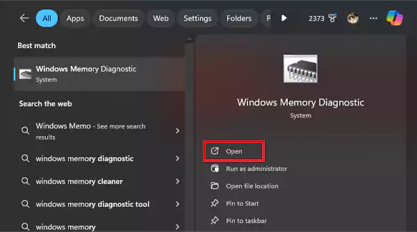 Tap on the Open option to start the Windows Memory Diagnostic program