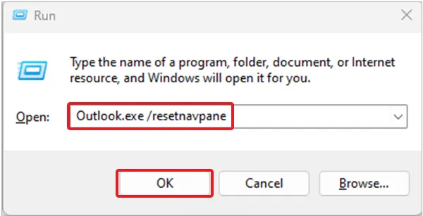 Type Outlook.exe resetnavpane