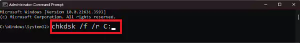 Type chkdsk f r C and hit Enter