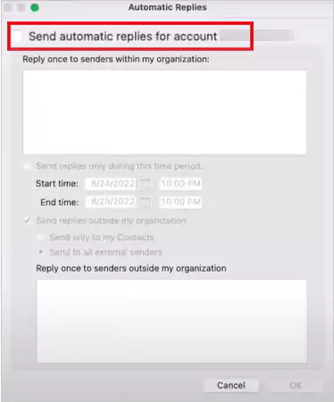 click the box adjacent to Send Automatic Replies for Account