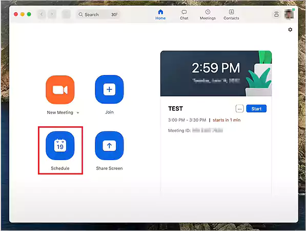 Go to the Zoom desktop application, and select Schedule