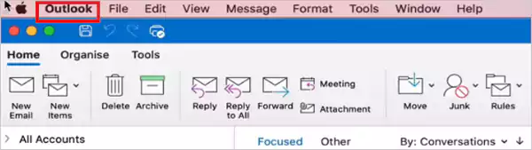 Open the Outlook client on your macOS device and hit Outlook at the top