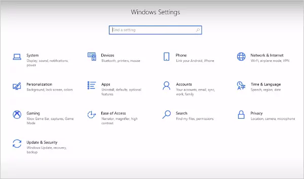 Windows 10 Settings menu