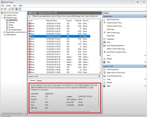 Choose the error that took place, and then go to its XML part to find details.