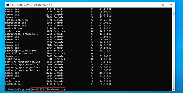 Type ‘taskkill/im chrome.exe’