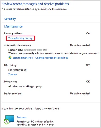 Under the Report Problems section, click View Reliability History.