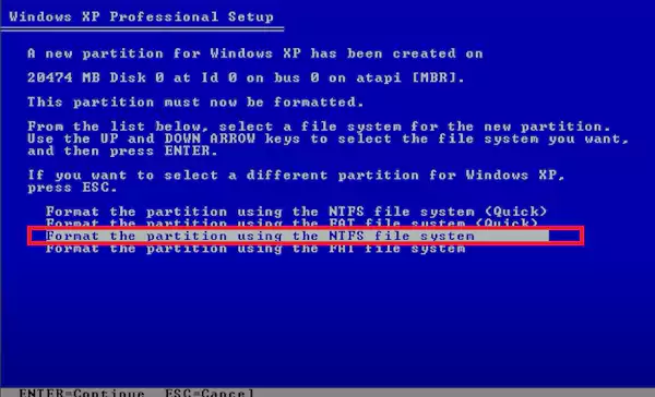 Format the partition using NTFS