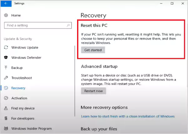 Open Recovery and select Get started