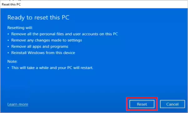 PC ready to reset click on Reset options