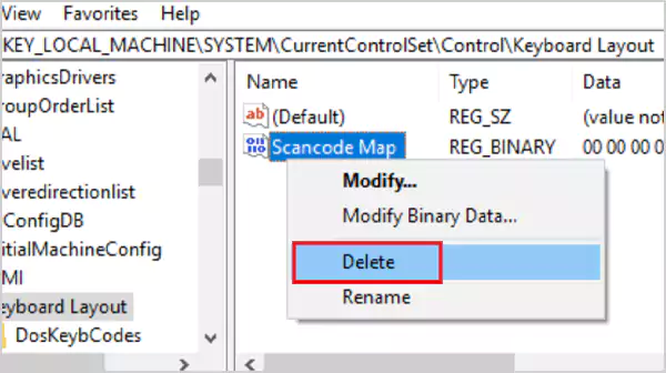 Scancode Map then Click on Delete