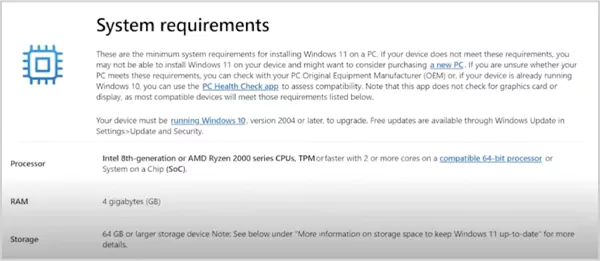 System requirements of Windows 11