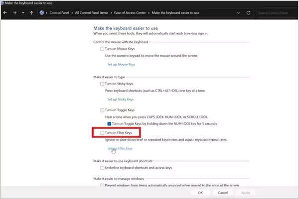 Turn off Filter Keys