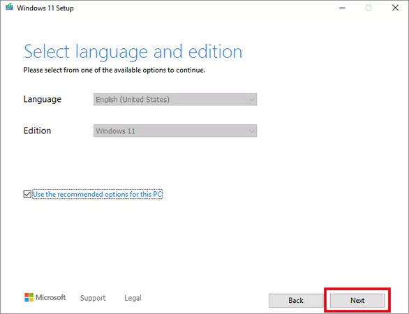 Select language and Windows edition