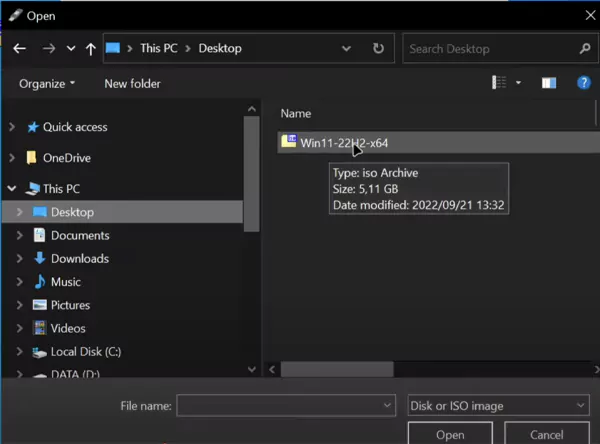 Select the Windows 11 ISO file