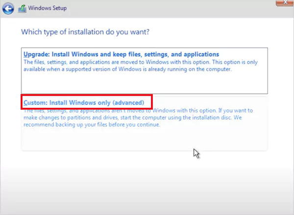 Select the type of installation you want
