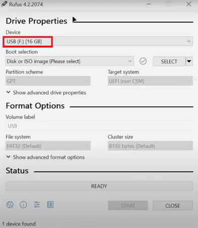 Select your USB under Device