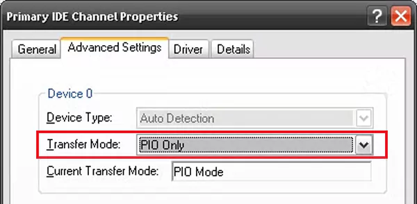 Choose PIO Only for Transfer Mode