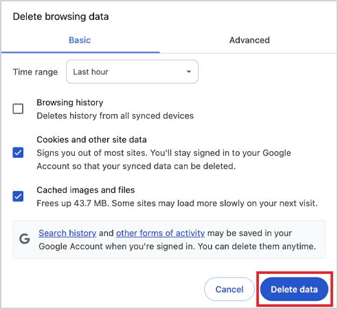 Clear cache and cookies on browser