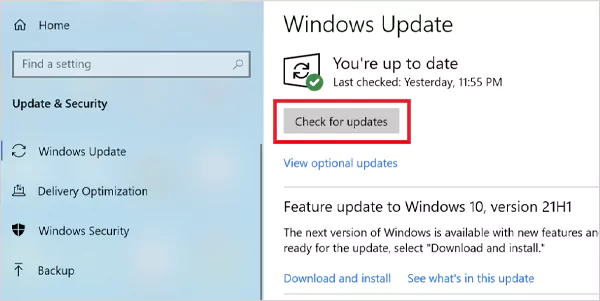 Click on Check for updates