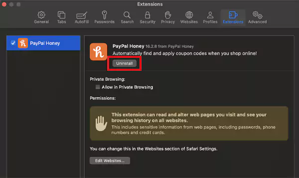 Click on Extensions then Uninstall