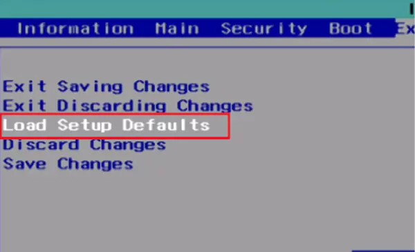 Click on Load Setup Defaults