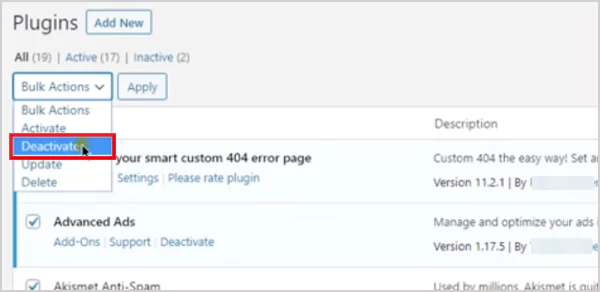 Deactivate all plugins on WordPress